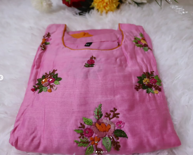 Pink Orange Mulchantheri Tie-Dye Hand-Embroidered Frock