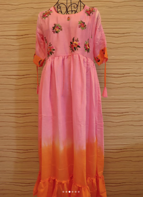 Pink Orange Mulchantheri Tie-Dye Hand-Embroidered Frock