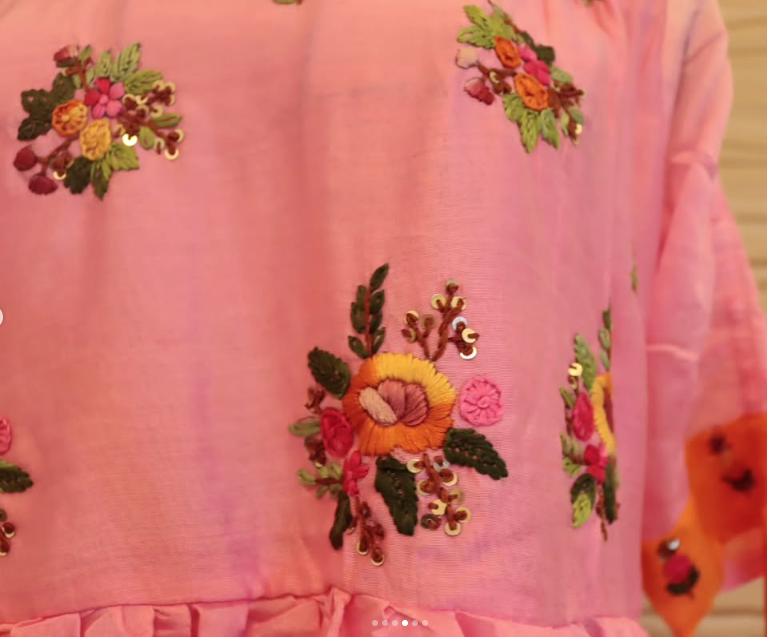 Pink Orange Mulchantheri Tie-Dye Hand-Embroidered Frock