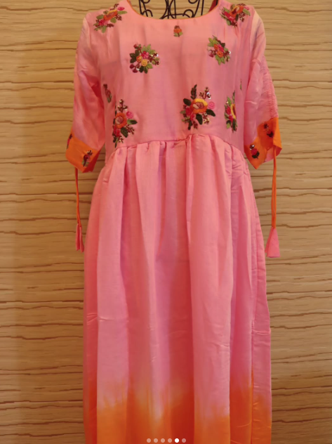 Pink Orange Mulchantheri Tie-Dye Hand-Embroidered Frock