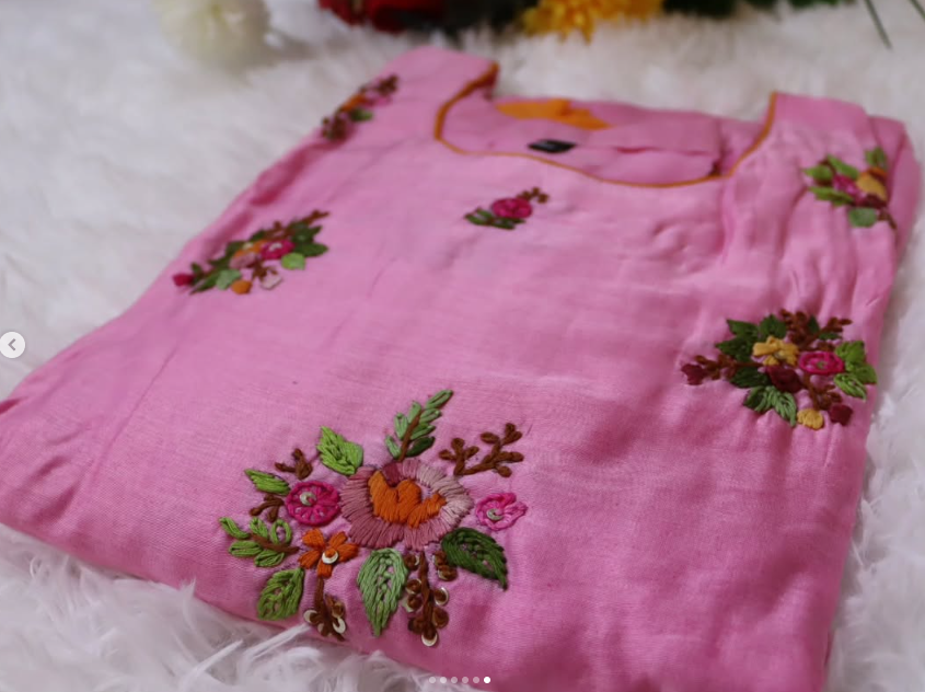 Pink Orange Mulchantheri Tie-Dye Hand-Embroidered Frock