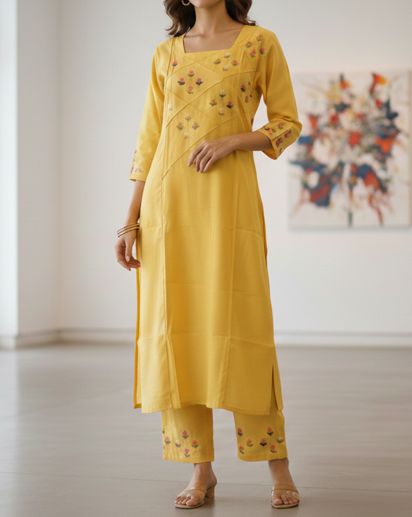 Lemon Yellow Floral Hand-Embroidered Glacial Cotton Co-ord Set