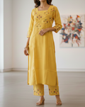 Lemon Yellow Floral Hand-Embroidered Glacial Cotton Co-ord Set