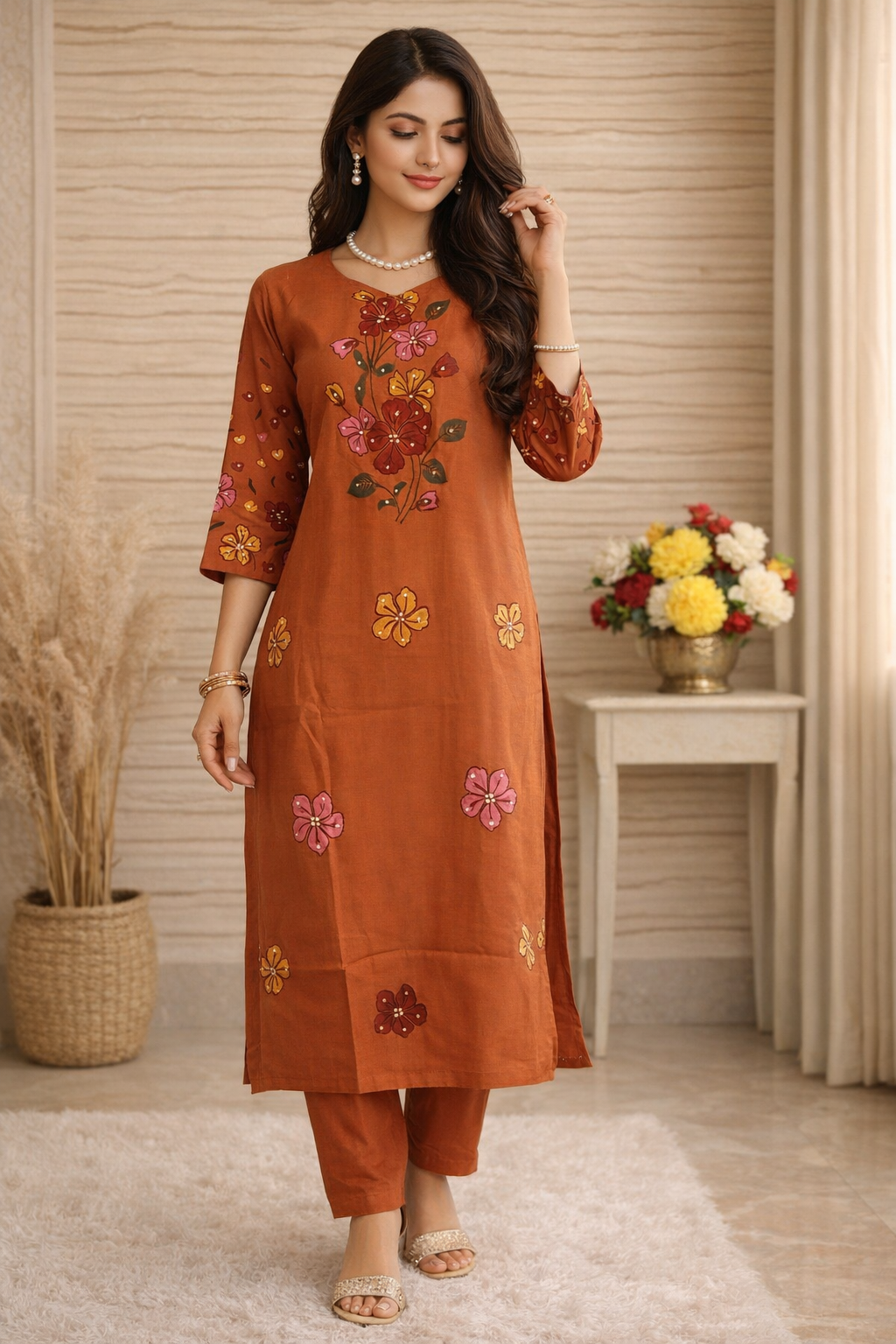Brown Orange Roman Silk Hand-Painted Kurta Set
