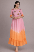 Pink Orange Mulchantheri Tie-Dye Hand-Embroidered Frock