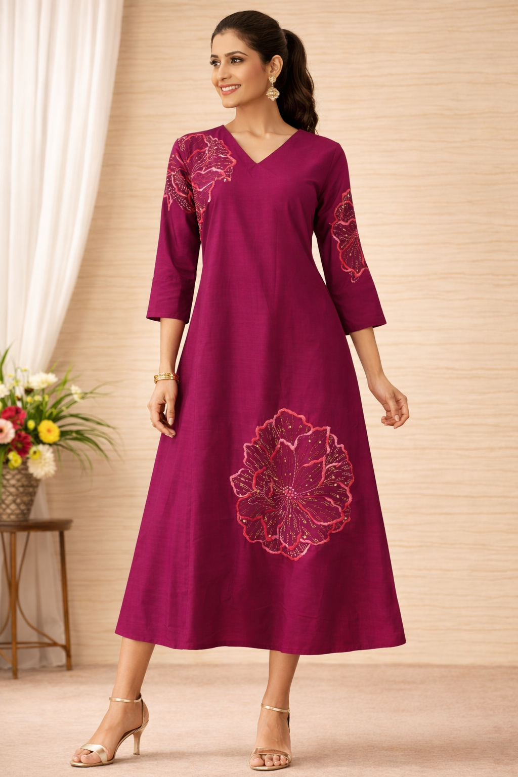 Magenta Slub Silk Ethnic Dress with pockets